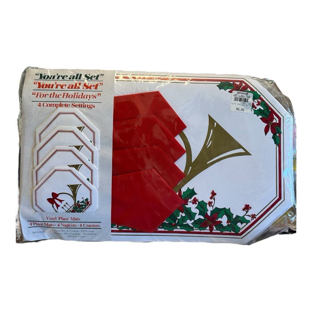 VTG Vinyl Holiday Placemat Set 4 Place Setting Mats Napkins Coasters Red Green